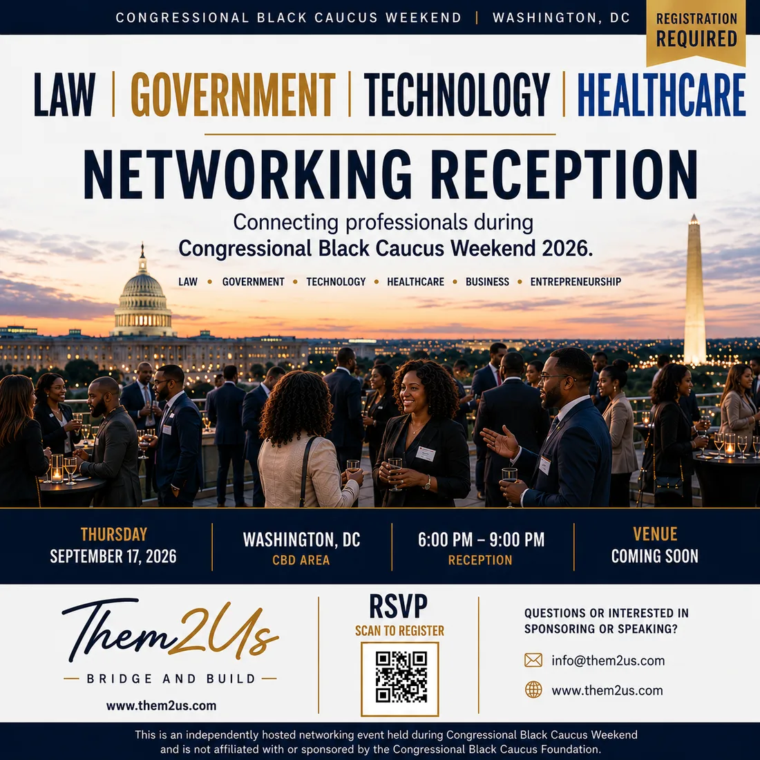Law, Government, Technology and Healthcare Networking Reception flyer — Congressional Black Caucus Weekend 2026, Thursday September 17, 2026, Washington, DC