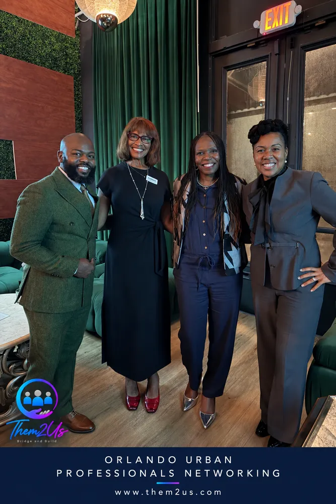 Them2Us Executive Director Jerome Lewis with Roberta Walton Johnson, Patricia Rumph, and State Attorney Monique H. Worrell at Urban Professionals Networking, Allure Lounge, Orlando, October 8, 2026