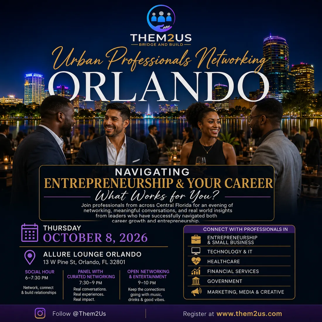 Urban Professionals Networking Orlando flyer — Navigating Entrepreneurship & Your Career, Thursday October 8, 2026, Allure Lounge Orlando