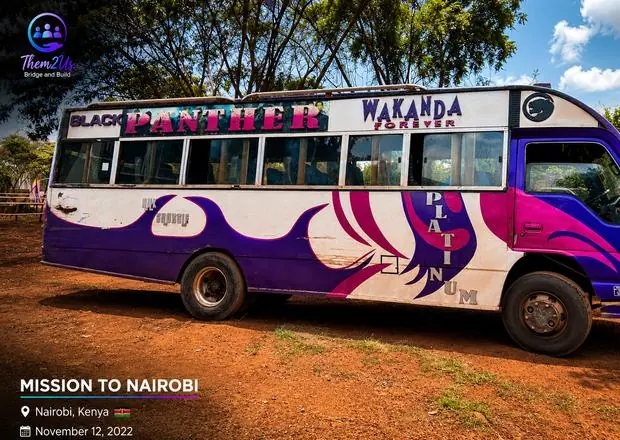 Black Panther Wakanda Forever wrapped bus chartered for the Nairobi mission