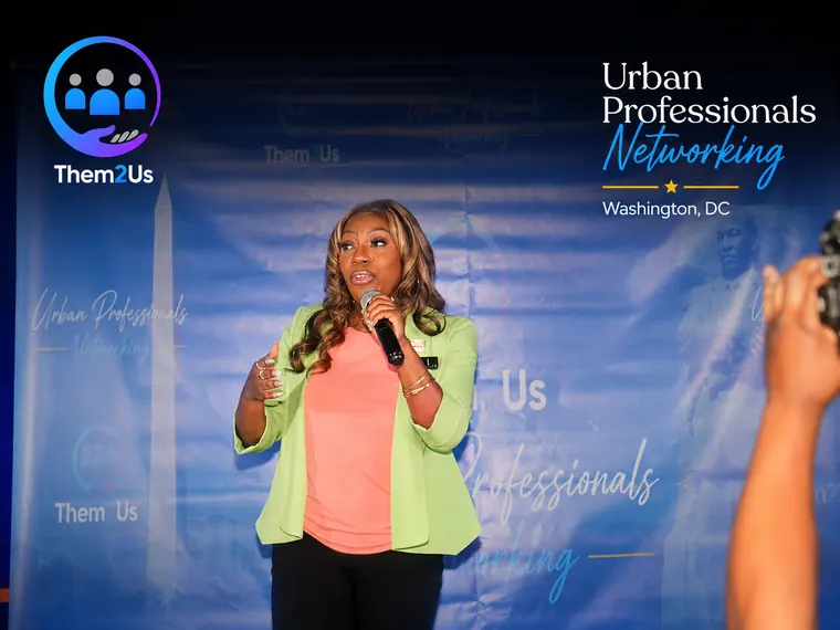A panelist speaking at a Them2Us Urban Professionals Networking event in Washington, DC