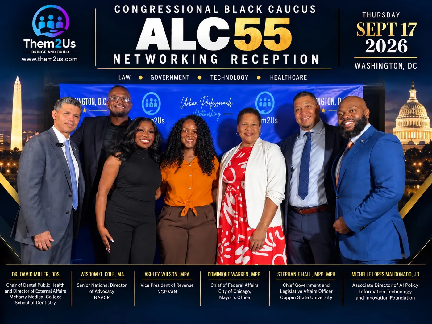 Featured panelists with Them2Us Executive Director Jerome Lewis at the ALC55 Networking Reception, September 17, 2026, Washington, DC. From left: Dr. David Miller, Wisdom O. Cole, Ashley Wilson, Dominique Warren, Stephanie Hall, Michelle Lopes Maldonado, and Jerome Lewis.